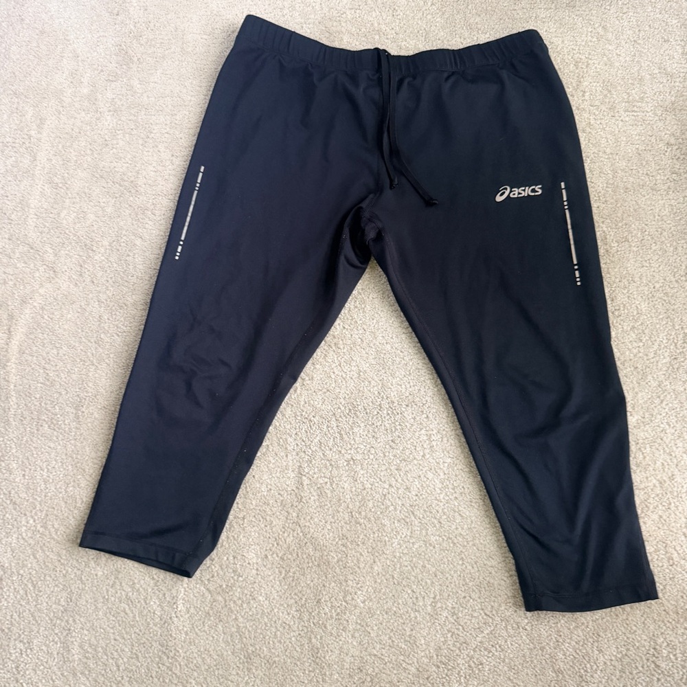 Asics Black XL Running Crop Athletic Pants Reflector Stripes Back Waist Pocket